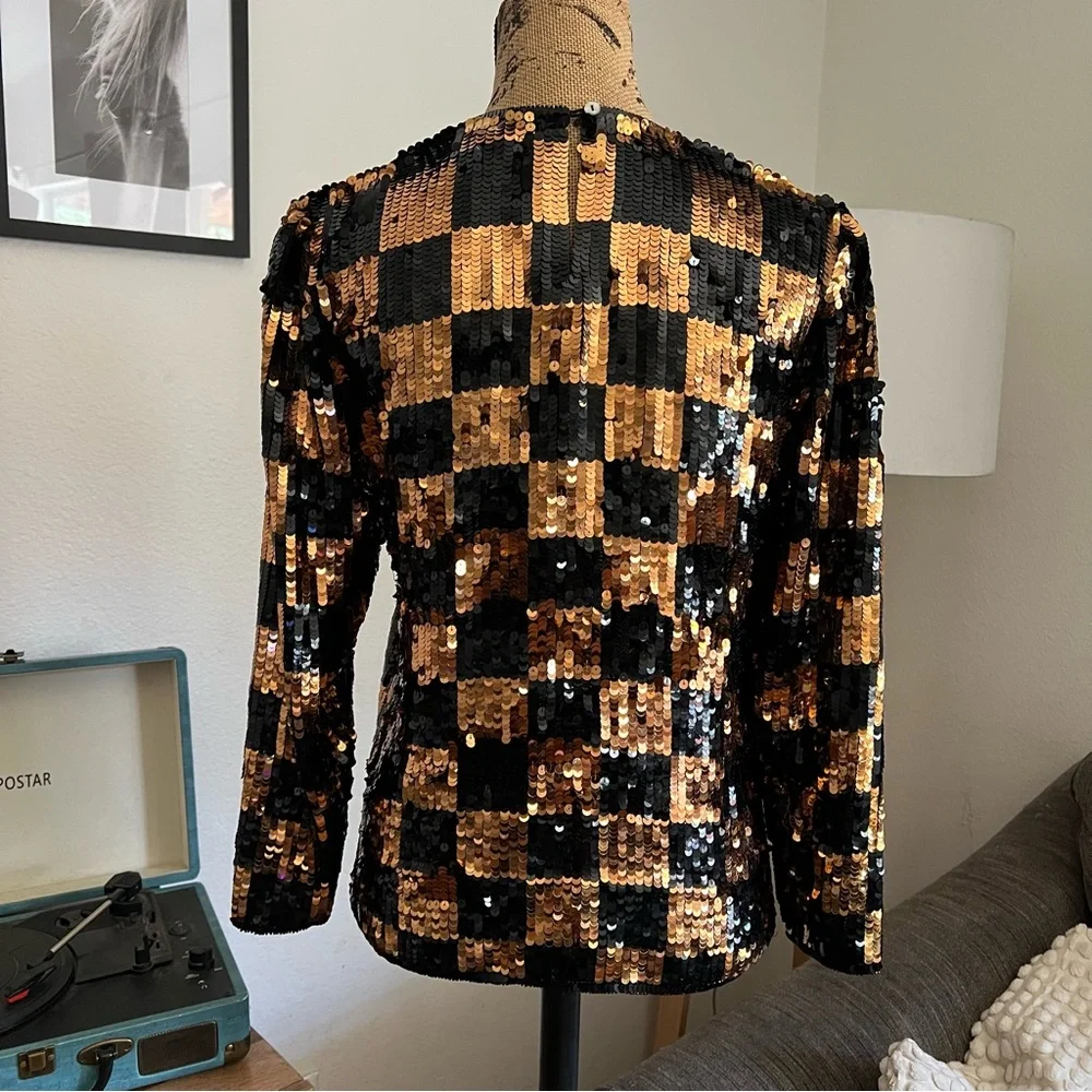 Argenti Vintage Black & Copper Sequins Checkered Silk Blouse Size S - Picture 5 of 14